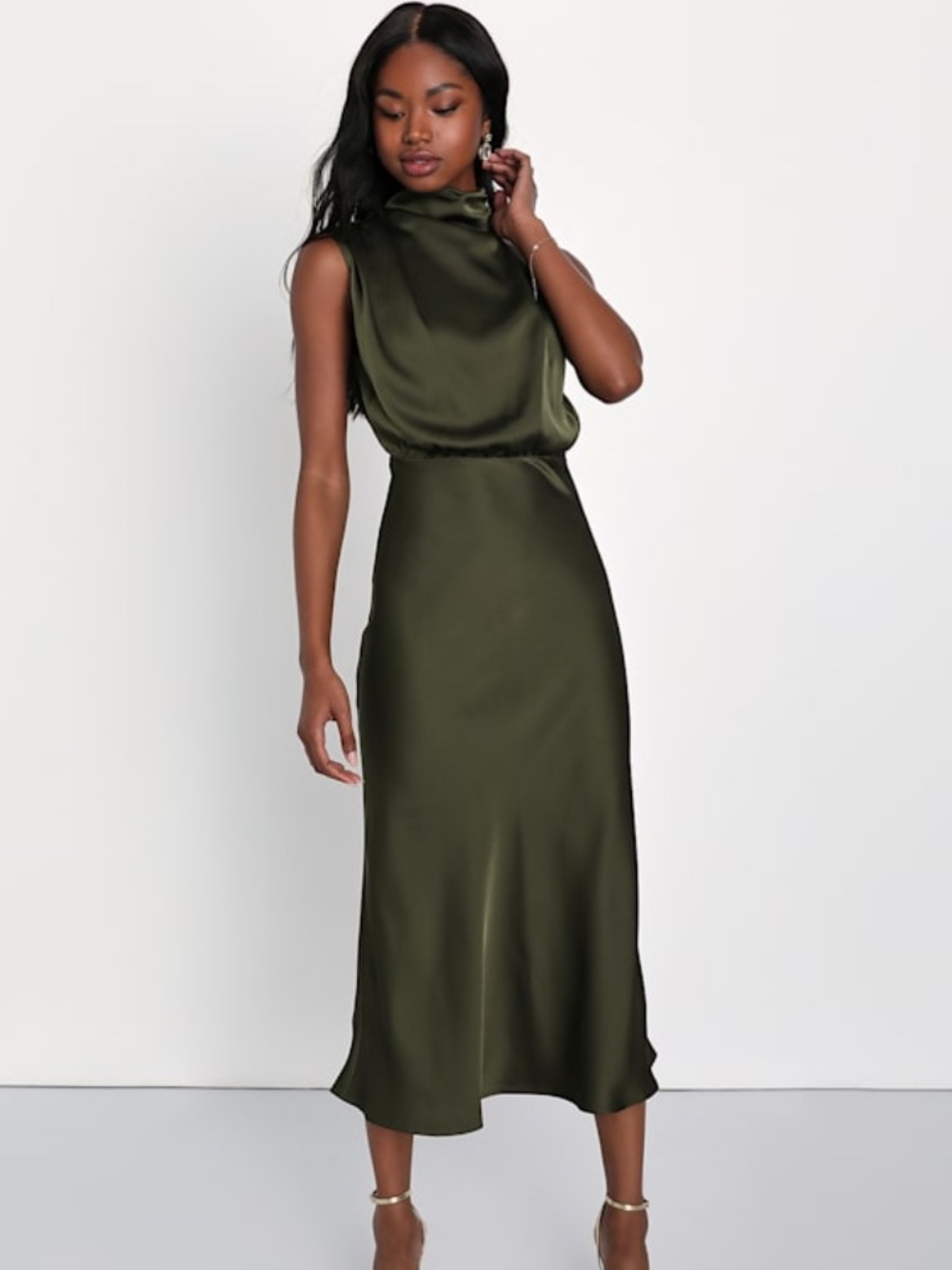 Lulus Distinctive Charm Olive Green Satin Asymmetrical Midi Dress - Size L